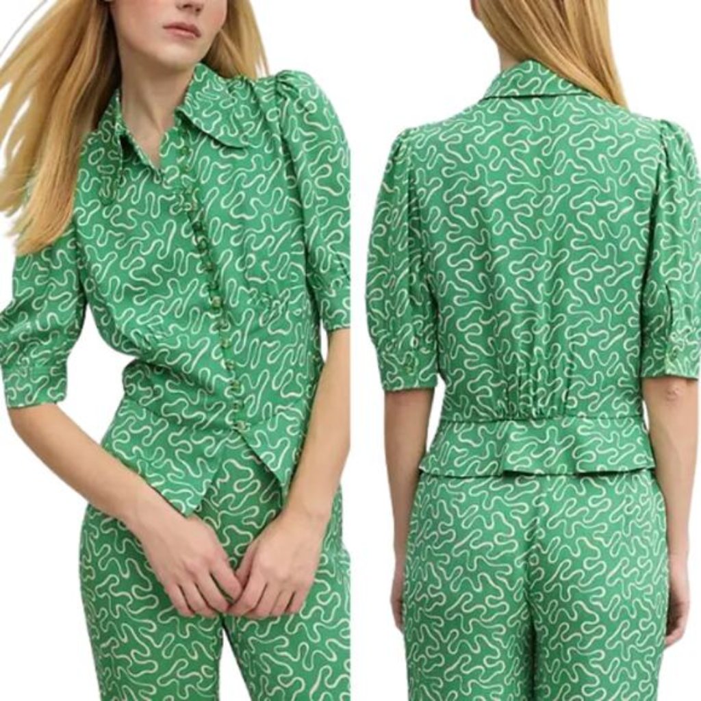 New Lk Bennett Esme Ribbon Print Collared Short Sleeve Woven Top Green Size: 4